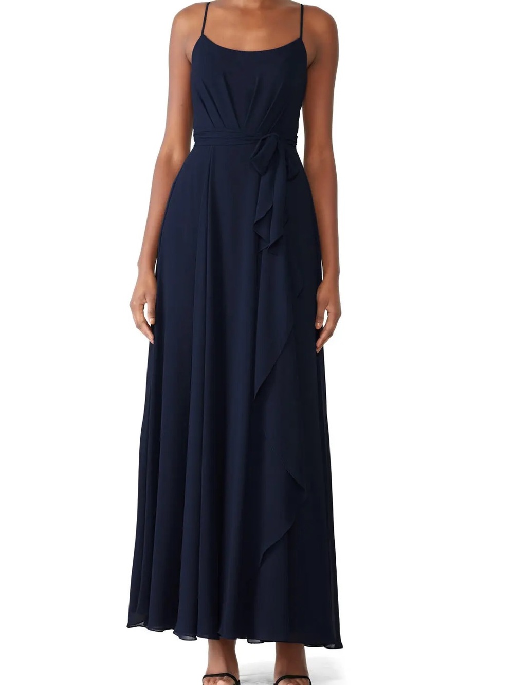 PRE-OWNED SIZE 16 Amsale Navy Spaghetti-Strap Ruffle-Waist Maxi Dress